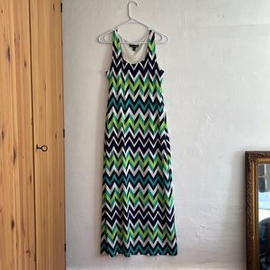 VTG Mod Maxi Dress Chevron Print Blue Green Sz M Op Art